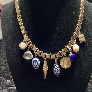 Gold Charm Necklace with Blue and White Accents